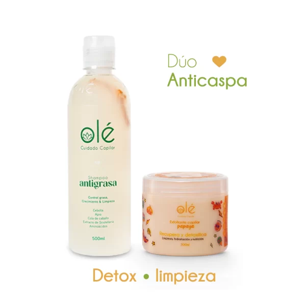 Dúo capilar anticaspa detox y limpieza, shampoo antigrasa y exfoliante de papaya